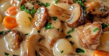 Plat de blanquette de veau crémeuse servi dans une cocotte rustique, avec morceaux de viande fondants, champignons, carottes et sauce blanche veloutée aux herbes fraîches.