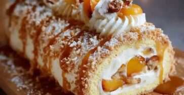 Bûche au chocolat garnie de fruits rouges, nappée de caramel beurre salé, présentée sur un plat festif avec une texture lisse et brillante.