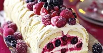 Bûche de Noël roulée garnie de crème mascarpone et de fruits frais, décorée de sucre glace et de feuilles de menthe sur une table festive de fin d’année.