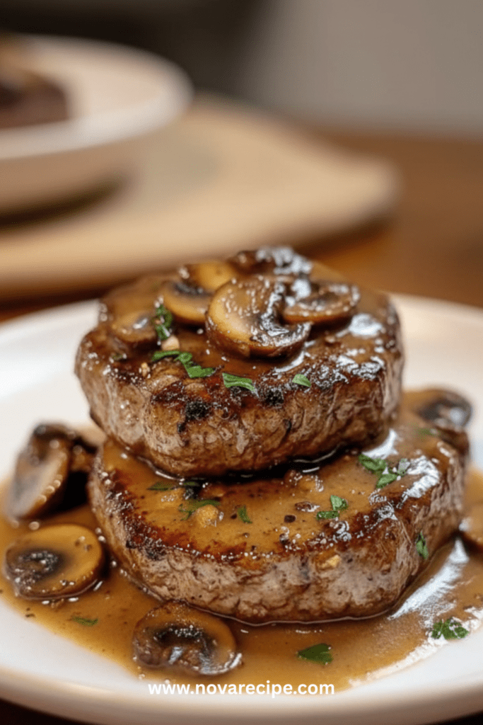 Steaks de bœuf poêlés nappés d’une sauce crémeuse aux champignons, présentés dans une assiette avec persil frais et texture dorée.