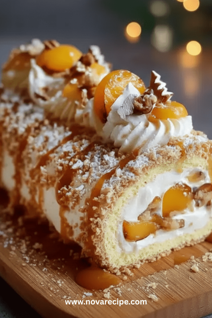 Bûche au chocolat garnie de fruits rouges, nappée de caramel beurre salé, présentée sur un plat festif avec une texture lisse et brillante.