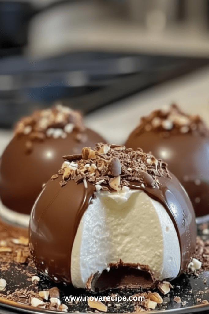 Dômes en chocolat brillants remplis de praliné et de mousse mascarpone, présentés sur une assiette élégante, avec une coque lisse et un intérieur crémeux.