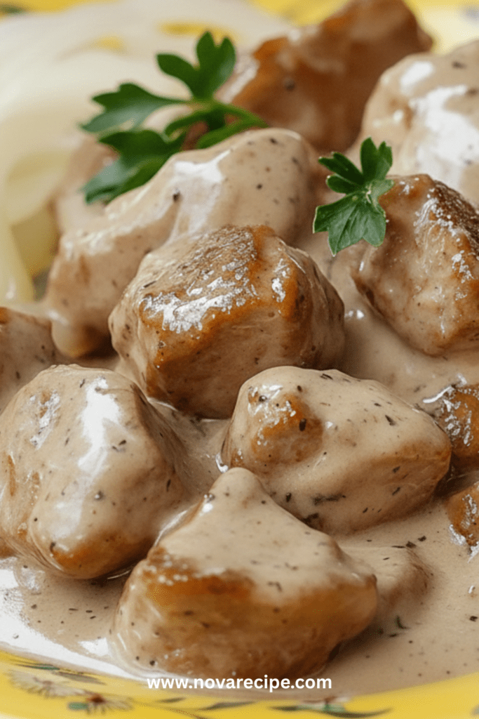 Sauté de porc à la moutarde dans une poêle, avec morceaux dorés, sauce crémeuse aux herbes de Provence et oignons fondants, prêt à être servi.