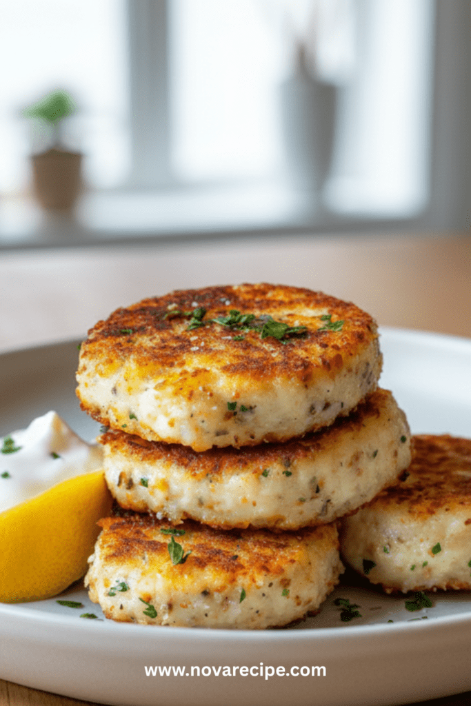 Croquettes de thon dorées et croustillantes, façonnées en petits disques, servies avec du citron et des herbes fraîches sur une assiette claire.