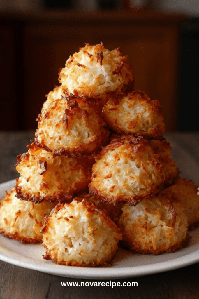 Petits macarons de Noël dorés à la noix de coco, déposés sur une plaque, légèrement grillés et décorés d’une finition au chocolat.