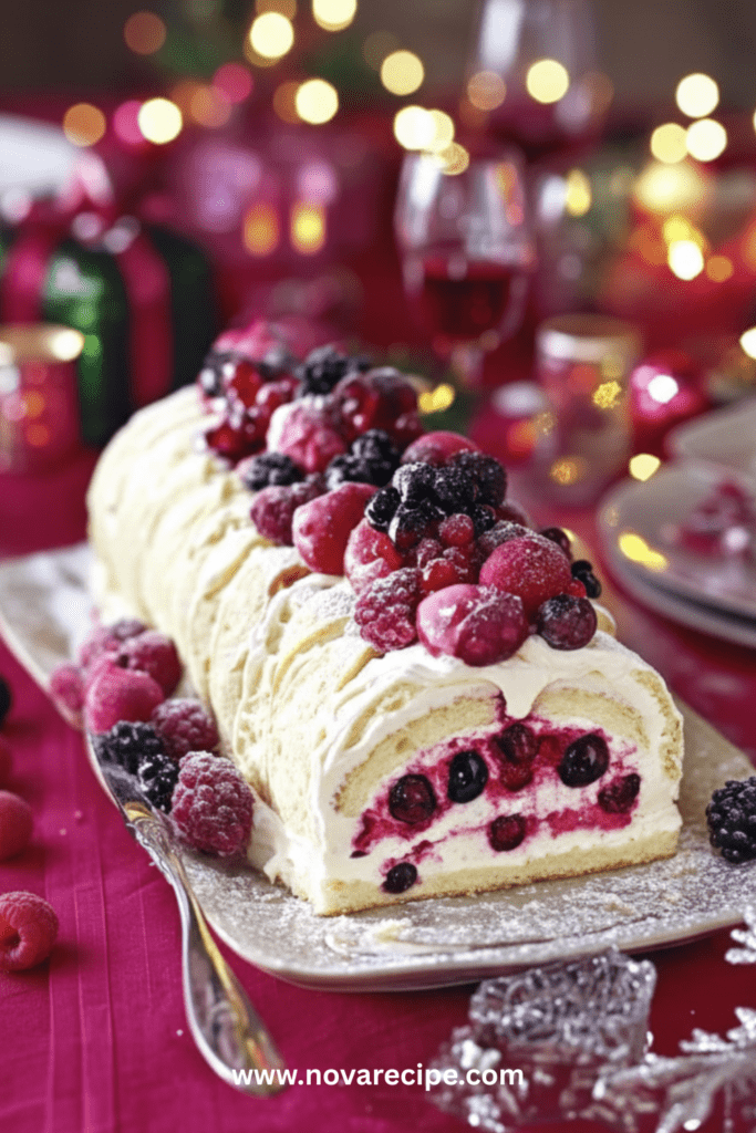 Bûche de Noël roulée garnie de crème mascarpone et de fruits frais, décorée de sucre glace et de feuilles de menthe sur une table festive de fin d’année.