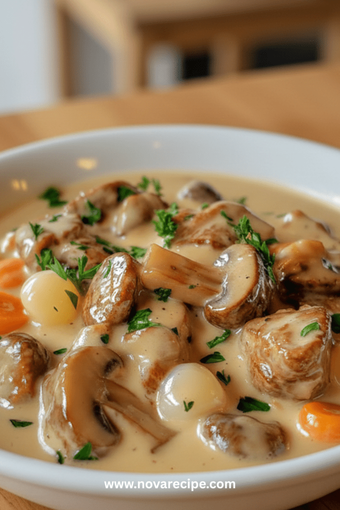 Plat de blanquette de veau crémeuse servi dans une cocotte rustique, avec morceaux de viande fondants, champignons, carottes et sauce blanche veloutée aux herbes fraîches.