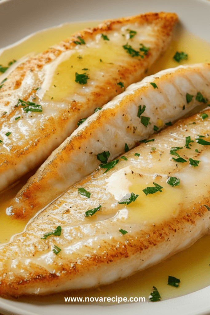 Filets de poisson blancs bien dorés, nappés d’un beurre citronné brillant, accompagnés de persil ciselé, présentés dans une assiette claire avec une sauce légère et onctueuse.