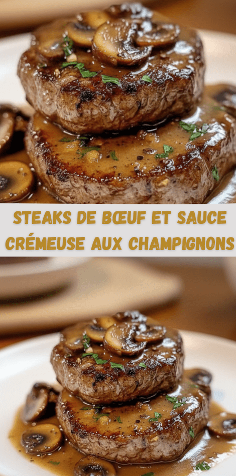 Steaks de bœuf poêlés nappés d’une sauce crémeuse aux champignons, présentés dans une assiette avec persil frais et texture dorée.