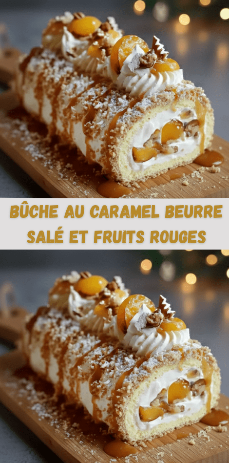 Bûche au chocolat garnie de fruits rouges, nappée de caramel beurre salé, présentée sur un plat festif avec une texture lisse et brillante.