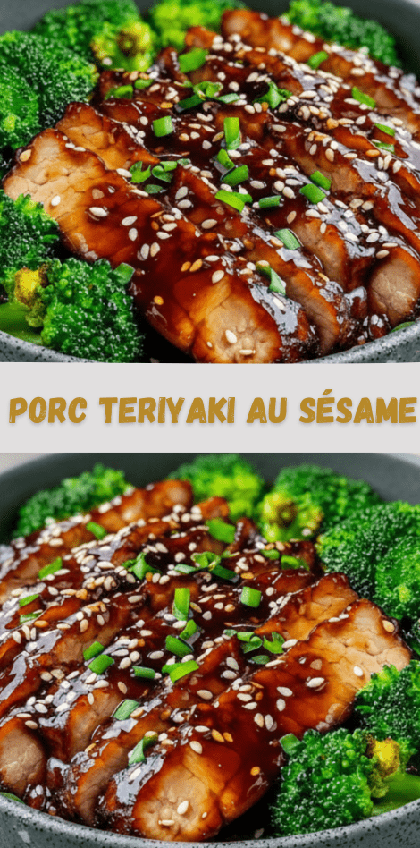 Tranches de porc laquées à la sauce teriyaki, parsemées de graines de sésame et servies avec du brocoli croquant dans une assiette moderne.