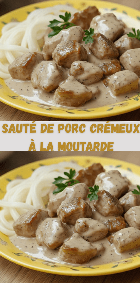 Sauté de porc à la moutarde dans une poêle, avec morceaux dorés, sauce crémeuse aux herbes de Provence et oignons fondants, prêt à être servi.