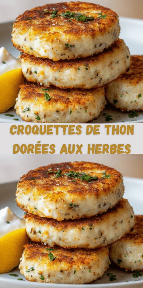 Croquettes de thon dorées et croustillantes, façonnées en petits disques, servies avec du citron et des herbes fraîches sur une assiette claire.