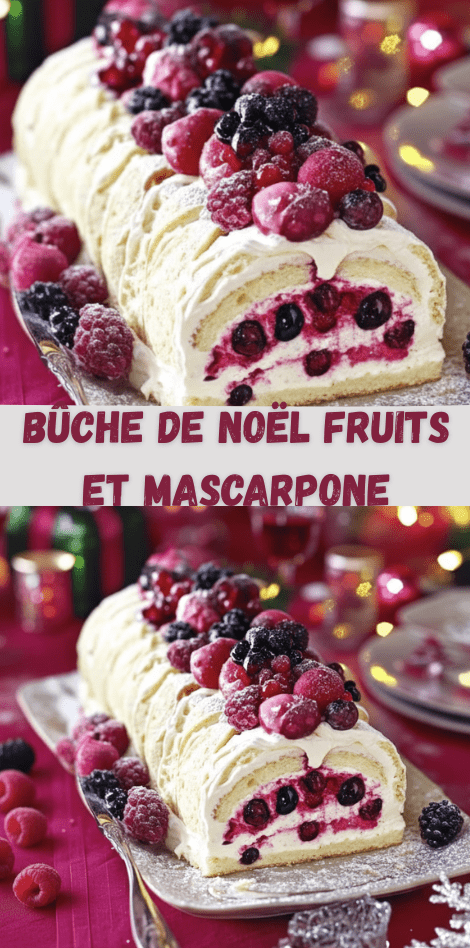 Bûche de Noël roulée garnie de crème mascarpone et de fruits frais, décorée de sucre glace et de feuilles de menthe sur une table festive de fin d’année.