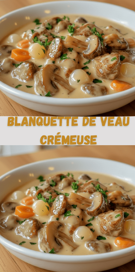 Plat de blanquette de veau crémeuse servi dans une cocotte rustique, avec morceaux de viande fondants, champignons, carottes et sauce blanche veloutée aux herbes fraîches.